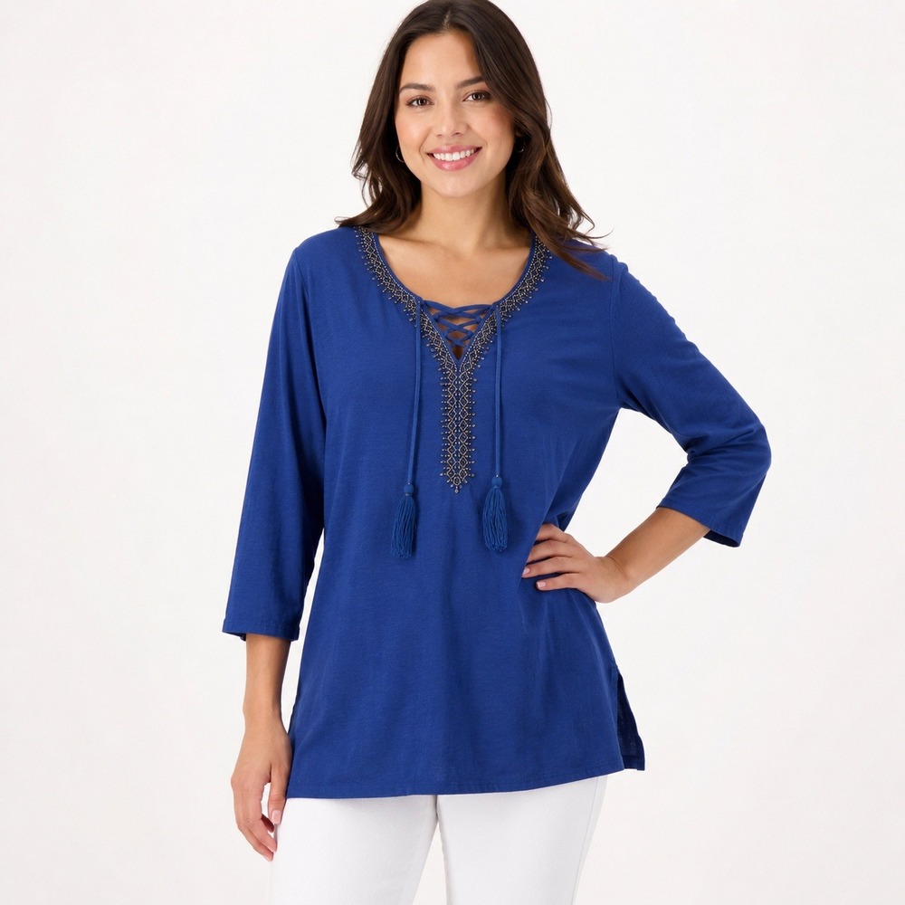 Chicos Blue Beaded Lace Up Tassel Tunic Top 3/4 Sleeve Size 2 Large Cotton Modal